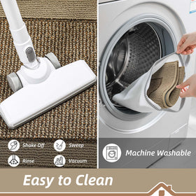 BEQHAUSE stain-resistant fibers on taupe rug for easy cleaning