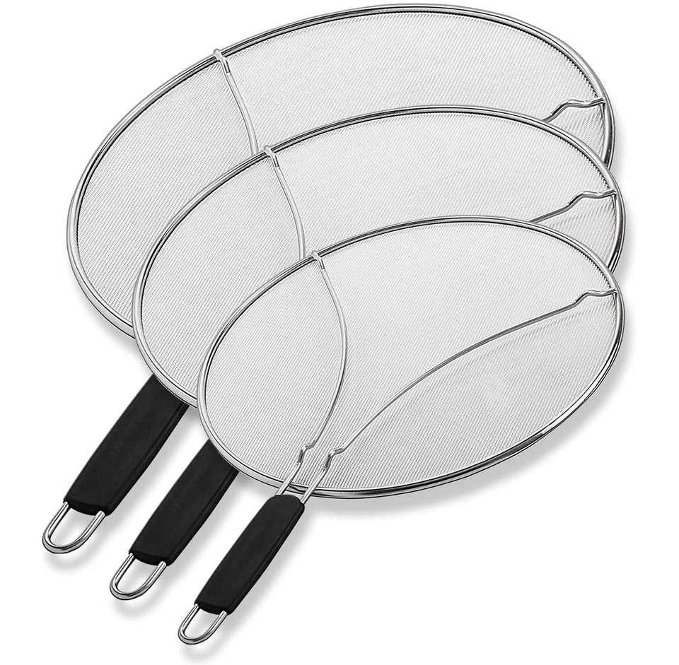 BergKoch Splatter Screen on a pan protects hands from hot oil splatter.