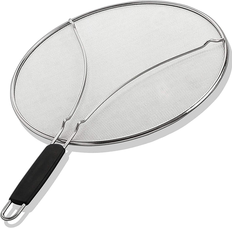 BergKoch splatter screen on a frying pan blocks hot oil splatter and protects hands