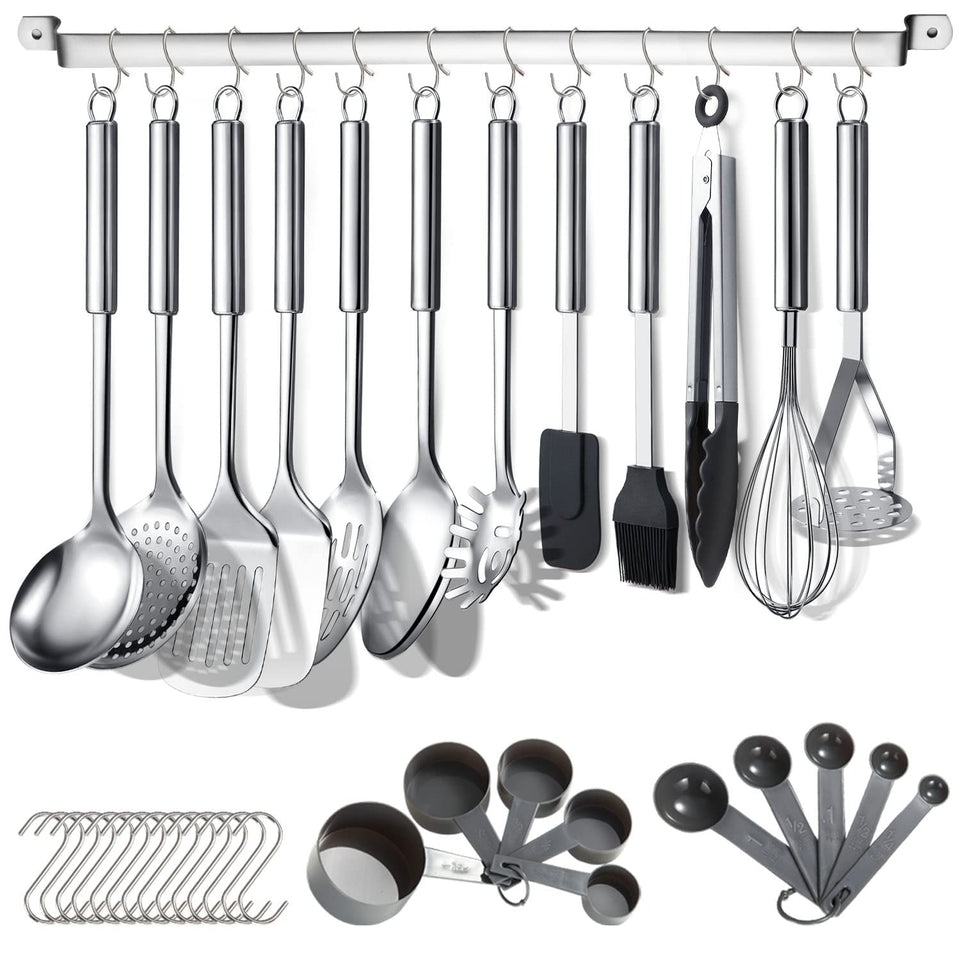 Berglander 38-piece utensil set displayed with rack and tools for organized cooking