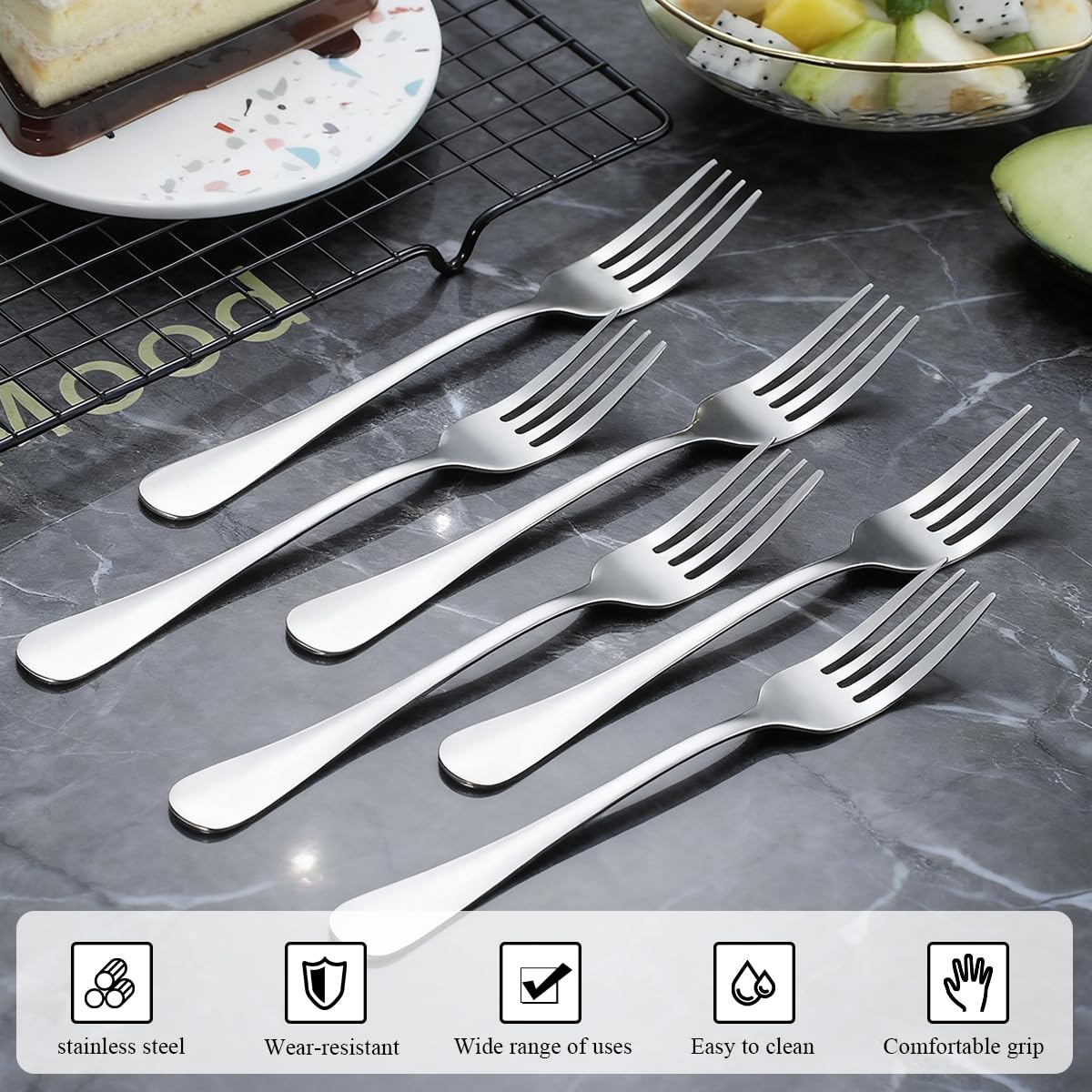 Berglander ergonomic-handle dinner forks emphasizing comfortable grip during service.