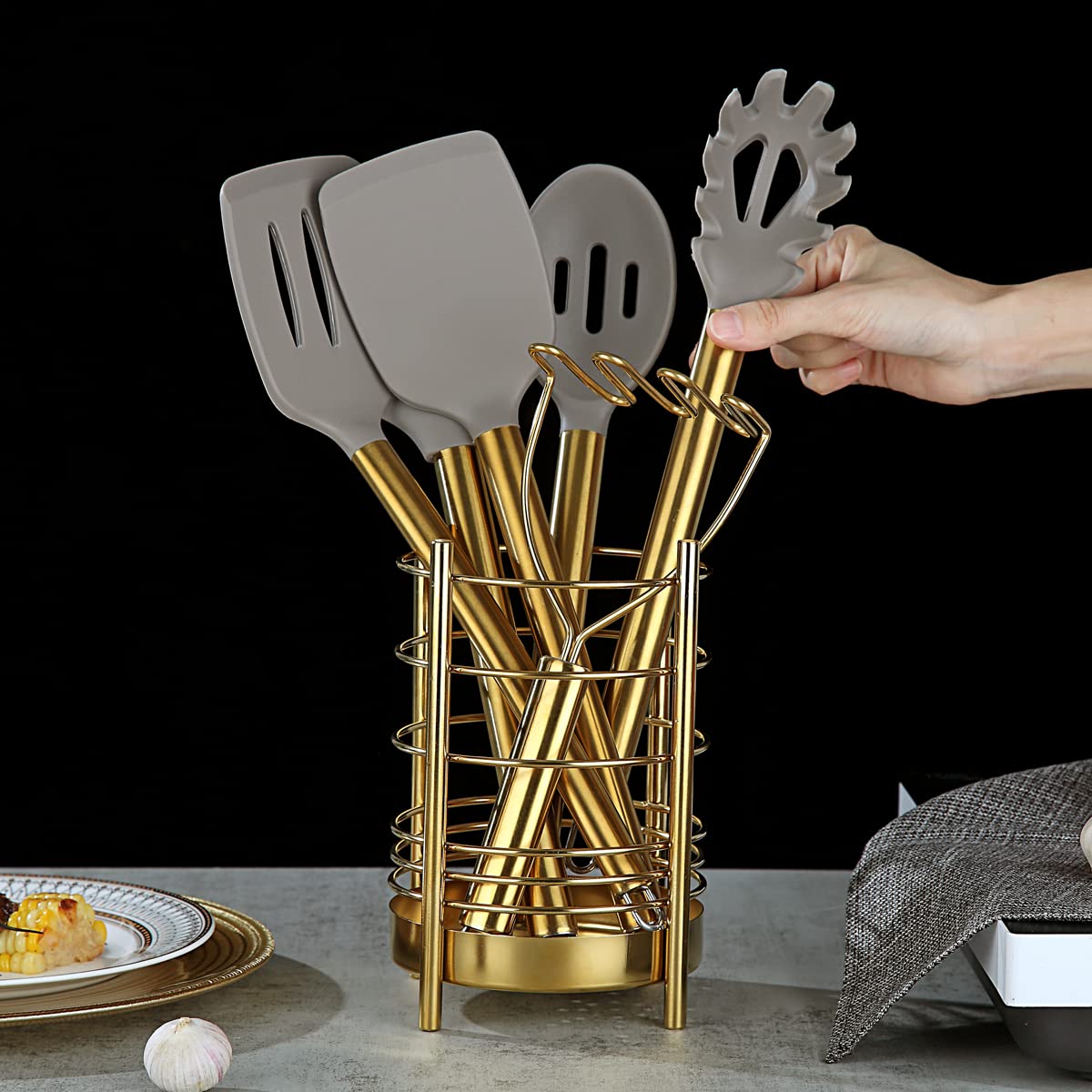 Berglander Gold Utensil Holder keeps tools within reach.