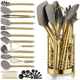 Berglander Gold Utensils full set organized on the counter for easy cooking.