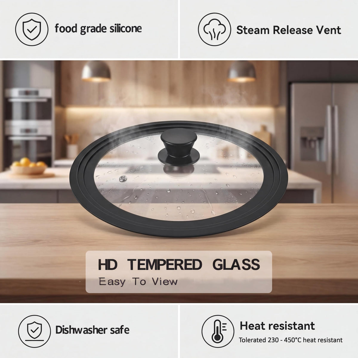 BERHT universal lid 10-5 inch diameter fits multiple pans with heat-resistant seal