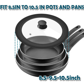 BERHT universal lid for 9-5 inch diameter pots showing glass clarity for safe cooking