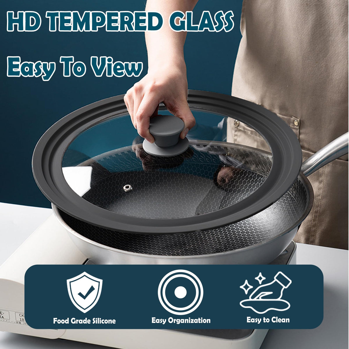BERHT universal lid closeup highlighting tempered glass and silicone rim