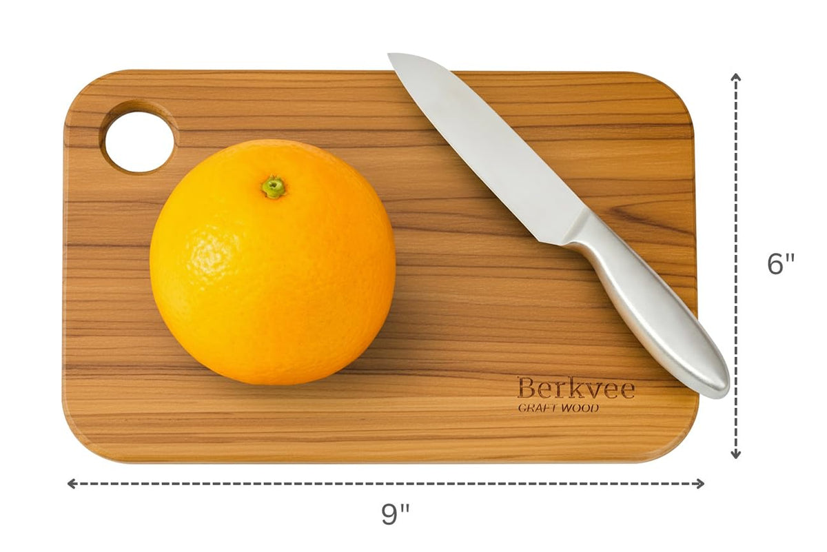 Berkvee BPA-free teak board shown, safe for food prep.