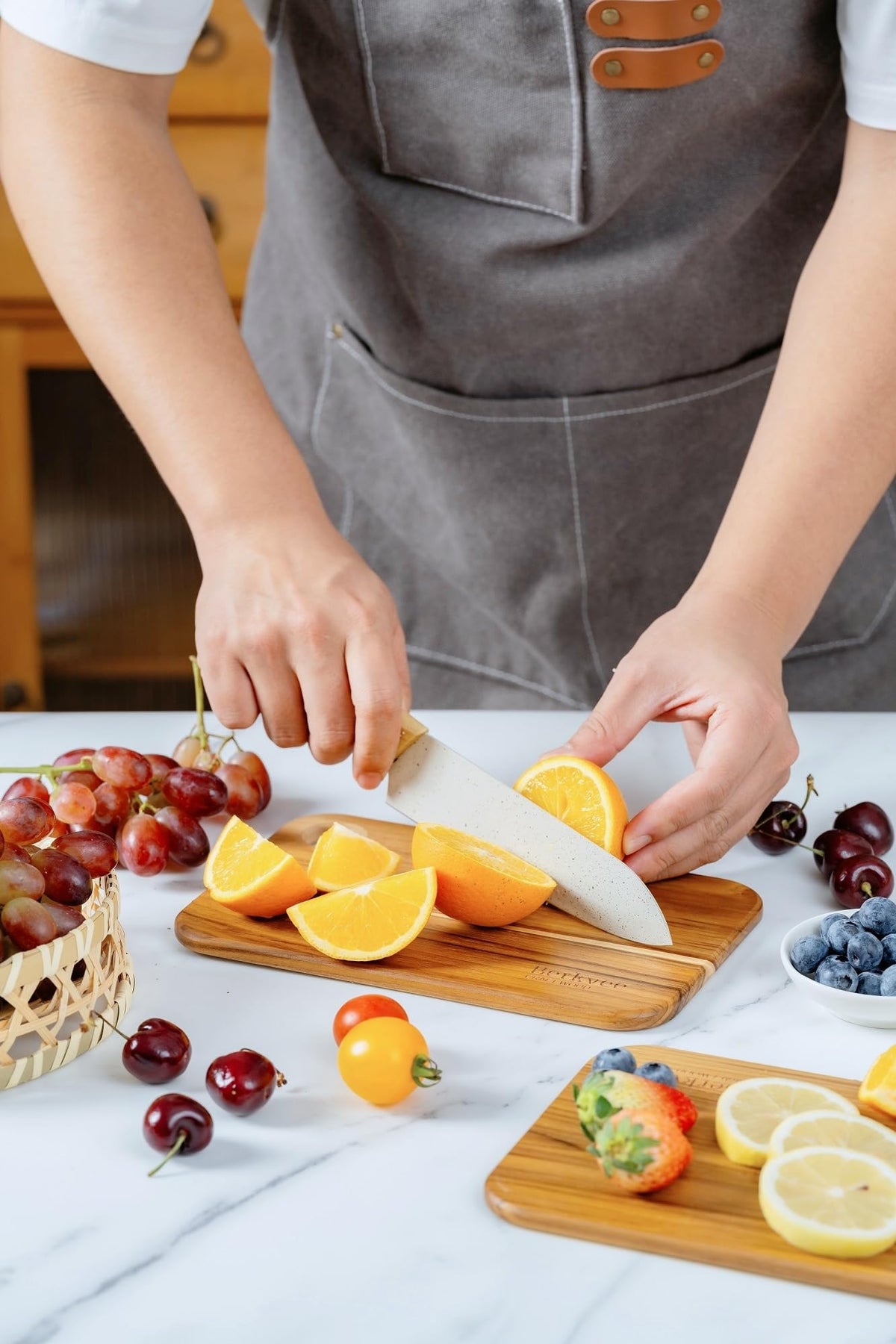 Berkvee lightweight teak cutting board, ideal for quick tasks.