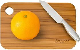 Berkvee two-pack teak cutting boards shown, compact top view for quick prep.