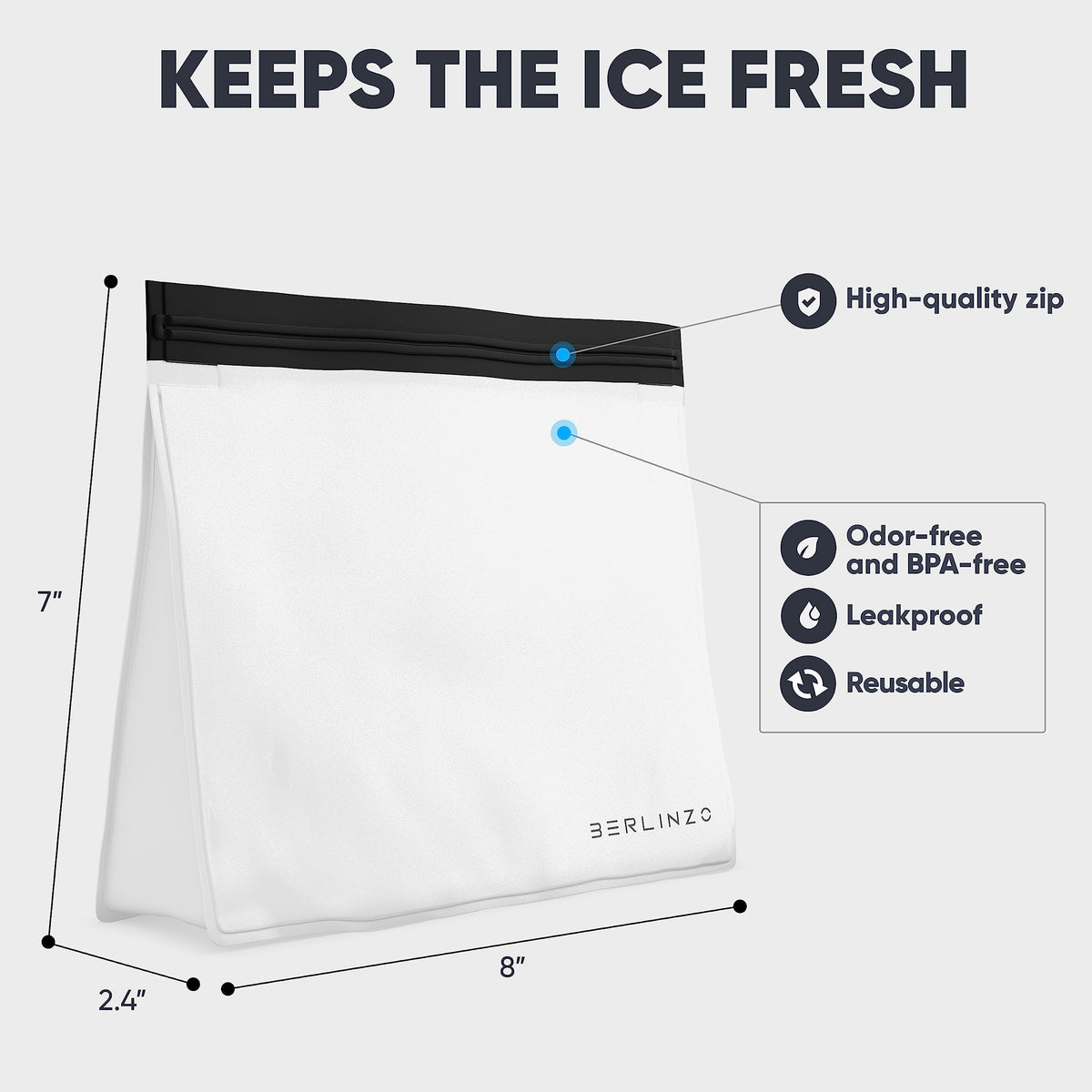 BERLINZO freezer-safe leakproof ice bag demonstrating spill-free storage.