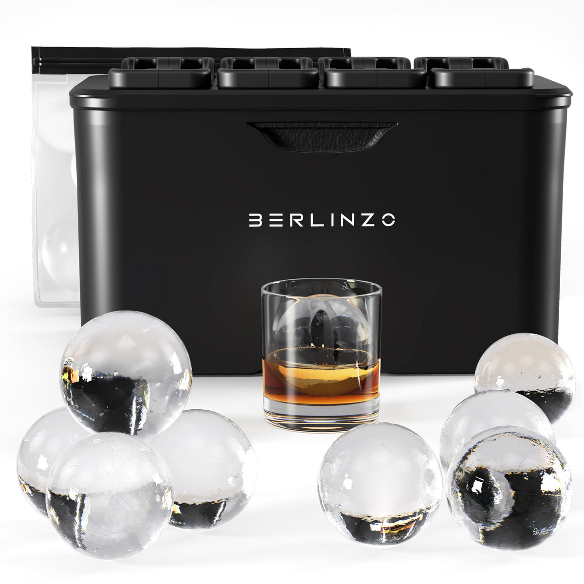 Berlinzo premium clear ice ball mold eight 2.4 inch spheres for whiskey.
