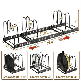 Besda pot and pan organizer adjustable dividers adapt to assorted cookware.