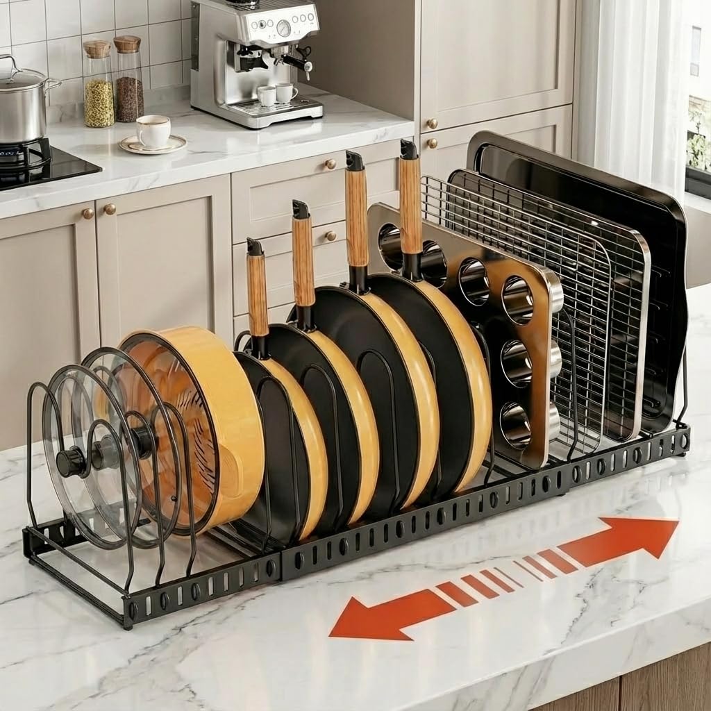 Besda all-in-one storage keeps cookware organized and accessible.