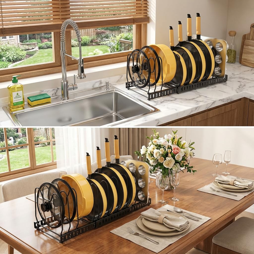Besda cutting board slot fits neatly with rest of cookware.