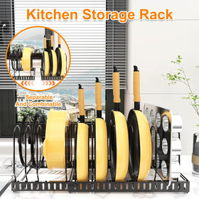 Besda pot and pan organizer extended to 23-6 inches optimizes cabinet layout.