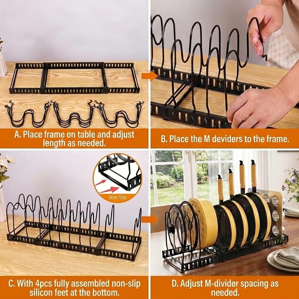 Besda pot and pan organizer U-shape lid cradle holds lids securely.
