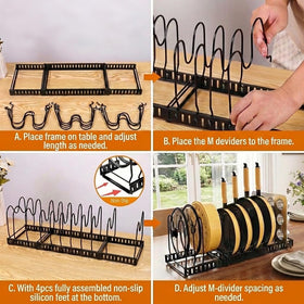 Besda pot and pan organizer U-shape lid cradle holds lids securely.