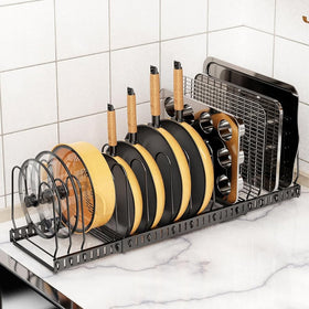 Besda pot and pan organizer under-cabinet collapsed saves space and keeps essentials accessible.