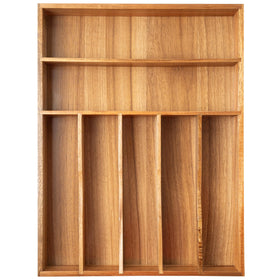 Besilord acacia silverware organizer in the drawer keeps utensils neatly organized and easy to reach.