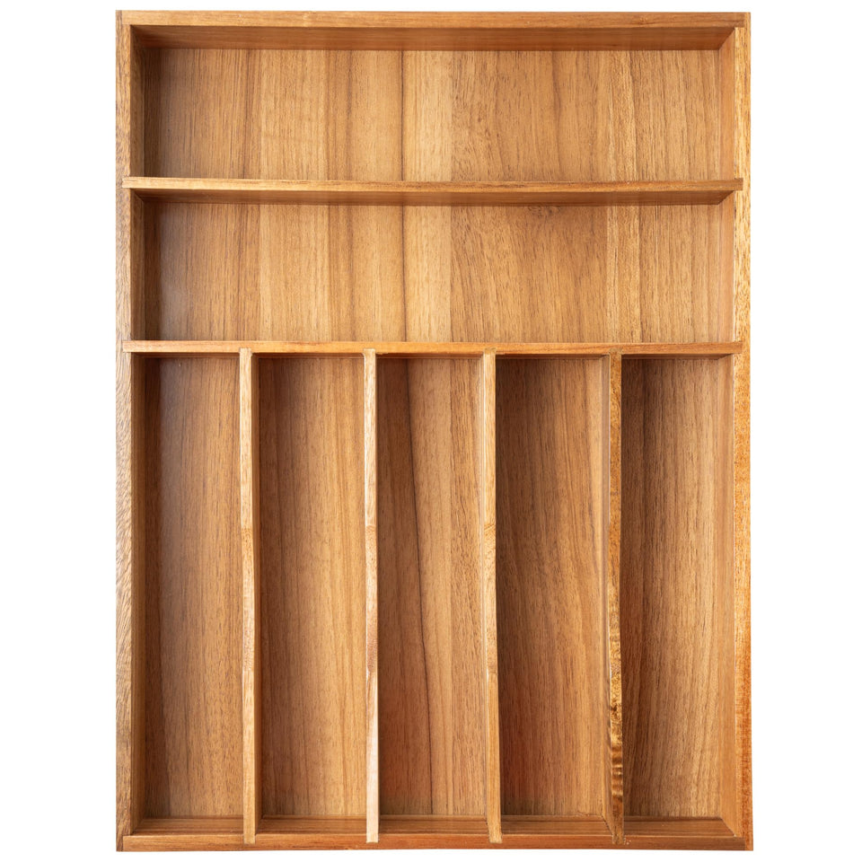 Besilord acacia silverware organizer in the drawer keeps utensils neatly organized and easy to reach.