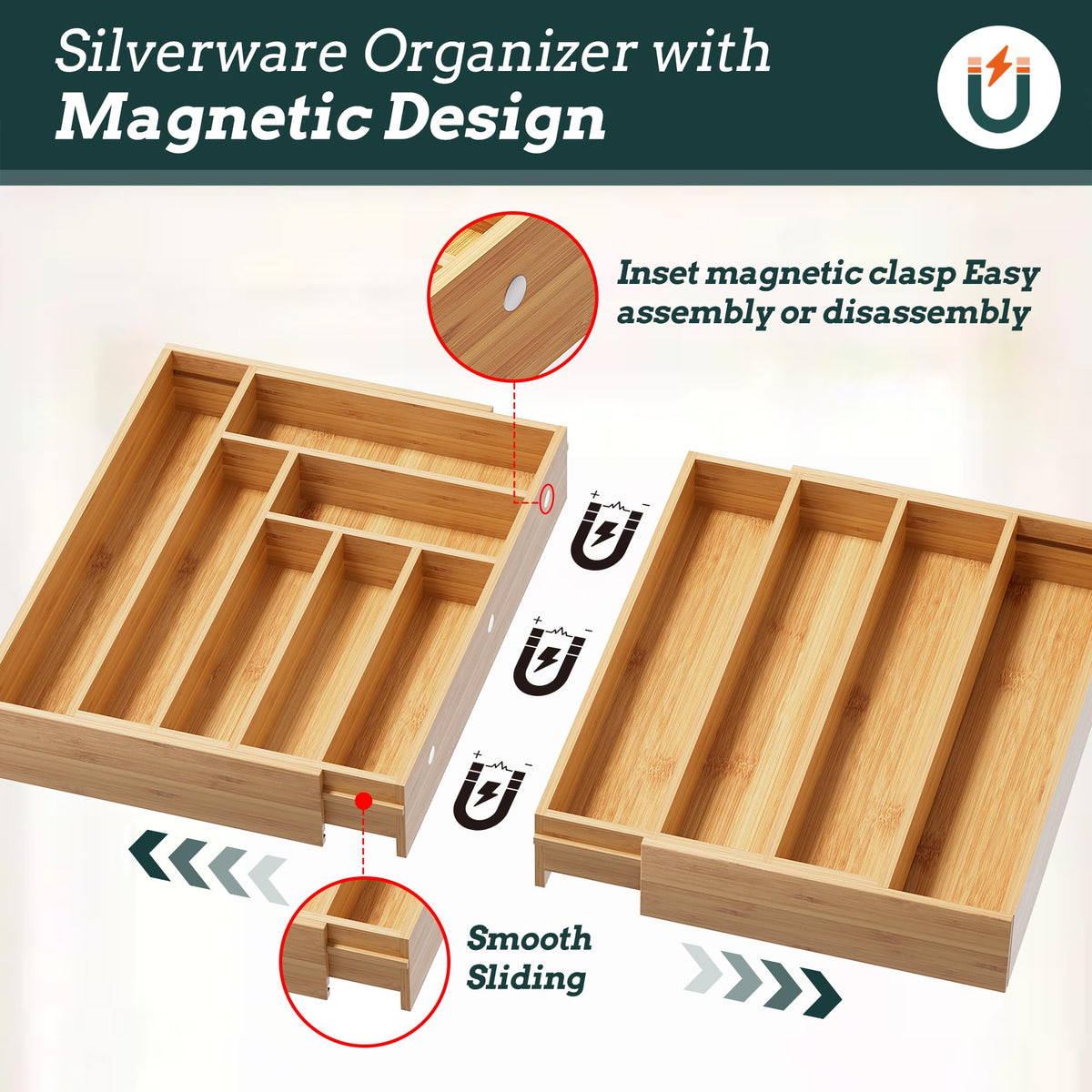 Besilord expandable 11-slot drawer organizer fits various kitchen sizes.