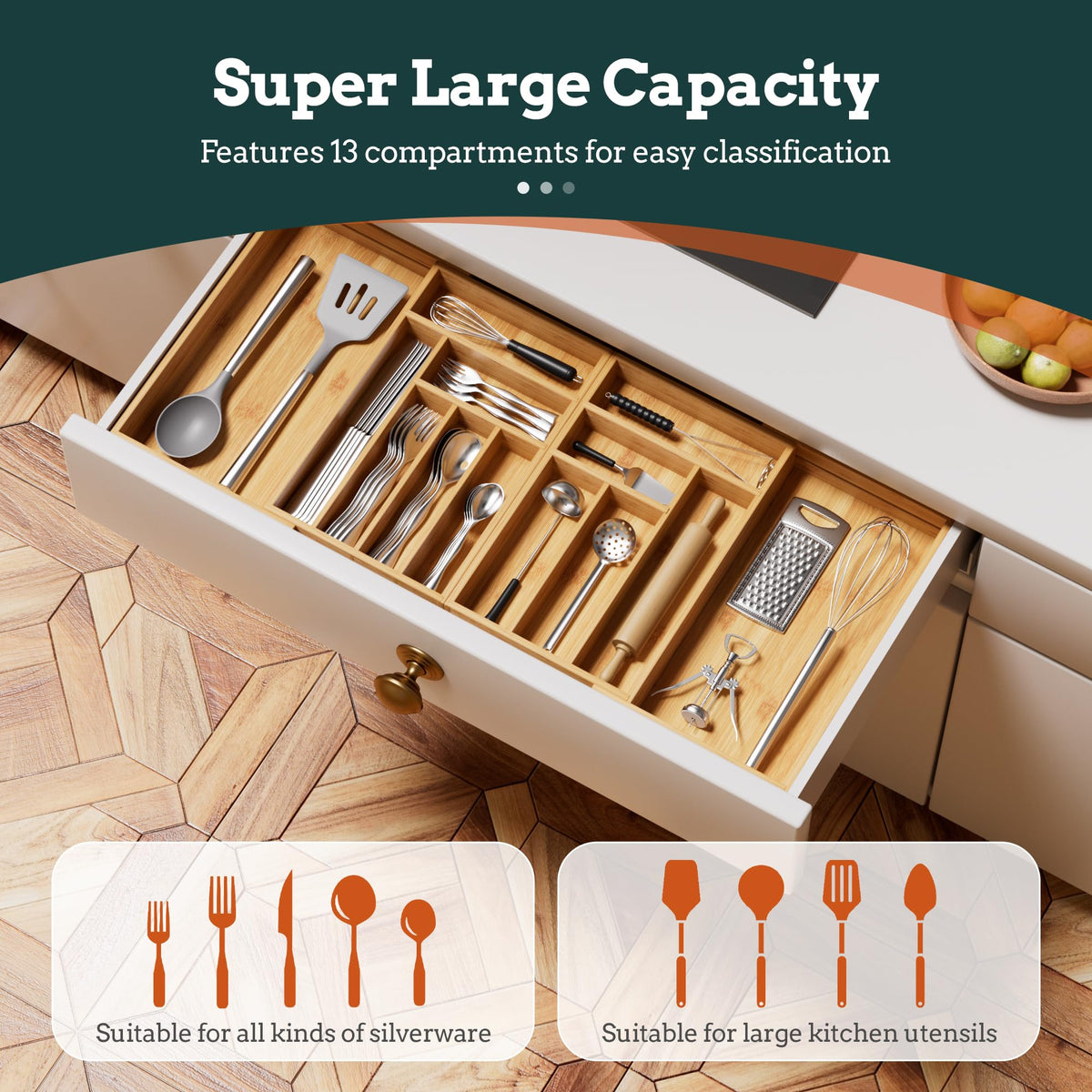 Besilord bamboo silverware tray shows natural finish and durable daily storage.