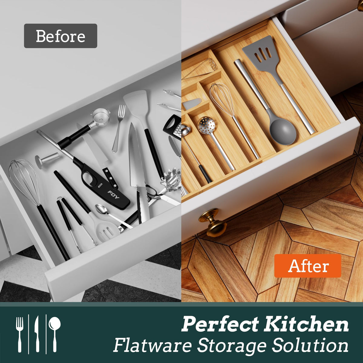 Besilord expandable organizer reduces clutter and speeds utensil access.