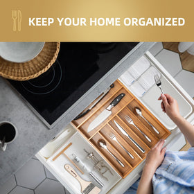 Besilord multi-function acacia organizer stores cutlery, gadgets, cosmetics, or stationery neatly.