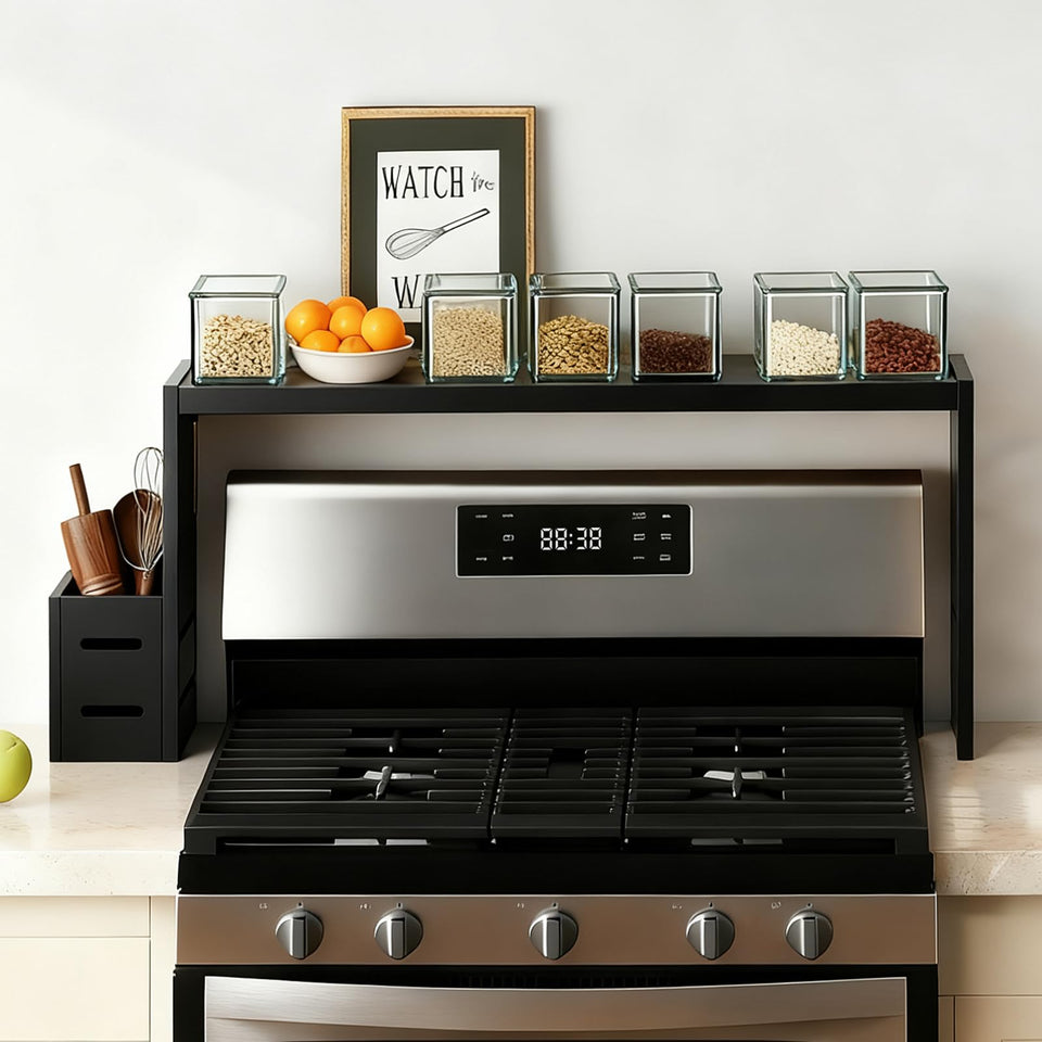 Beslceid 31-inch bamboo stove rack mounted above the hob for easy spice access.