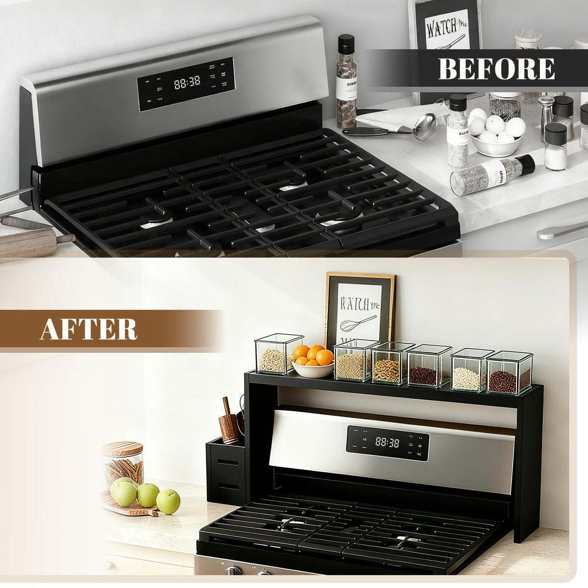 Beslceid above-hob shelf provides versatile storage for pots, utensils, and tools.