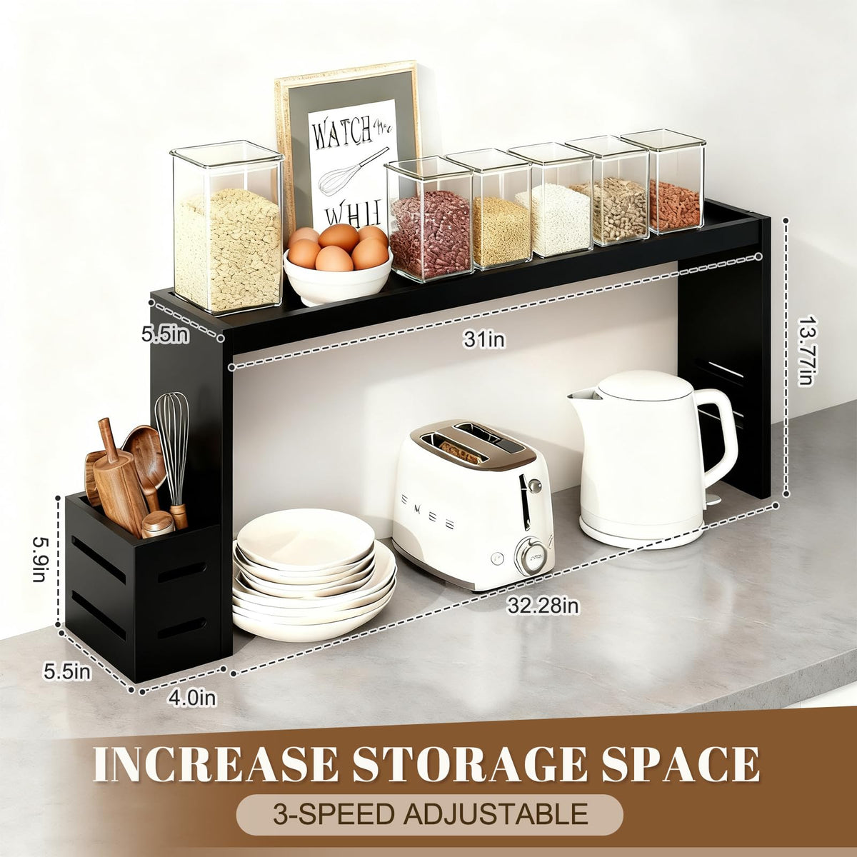 Beslceid bamboo stove rack with spice storage keeps jars organized and reachable.