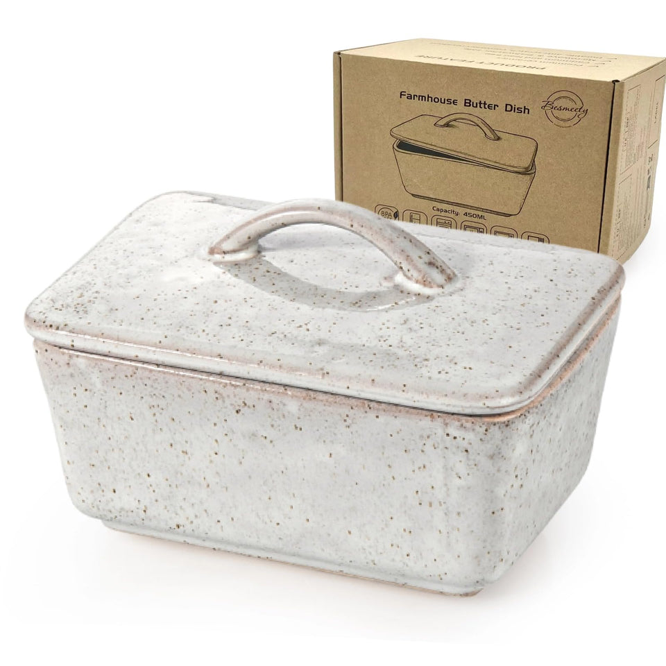 Besmeety ceramic butter dish with lid in gray glaze keeps butter fresh on the counter.