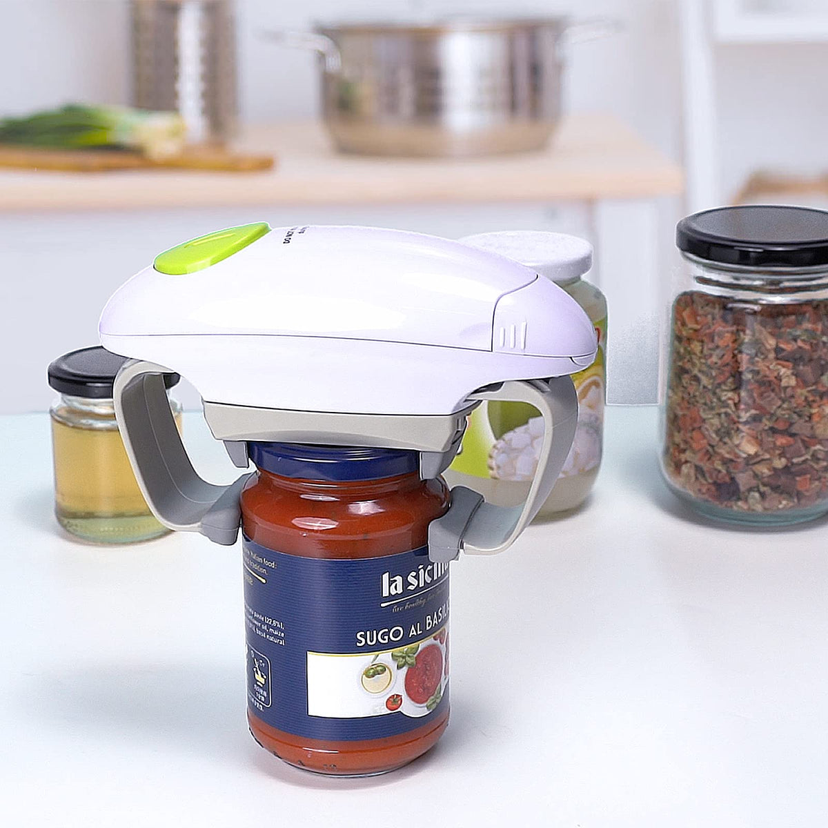 Besmon electric jar opener compact design fits small kitchen spaces.