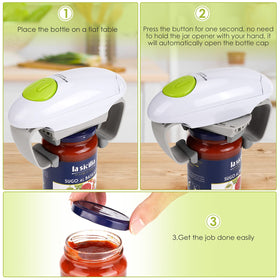 Besmon electric jar opener opens a lid smoothly, ideal for one-handed use.