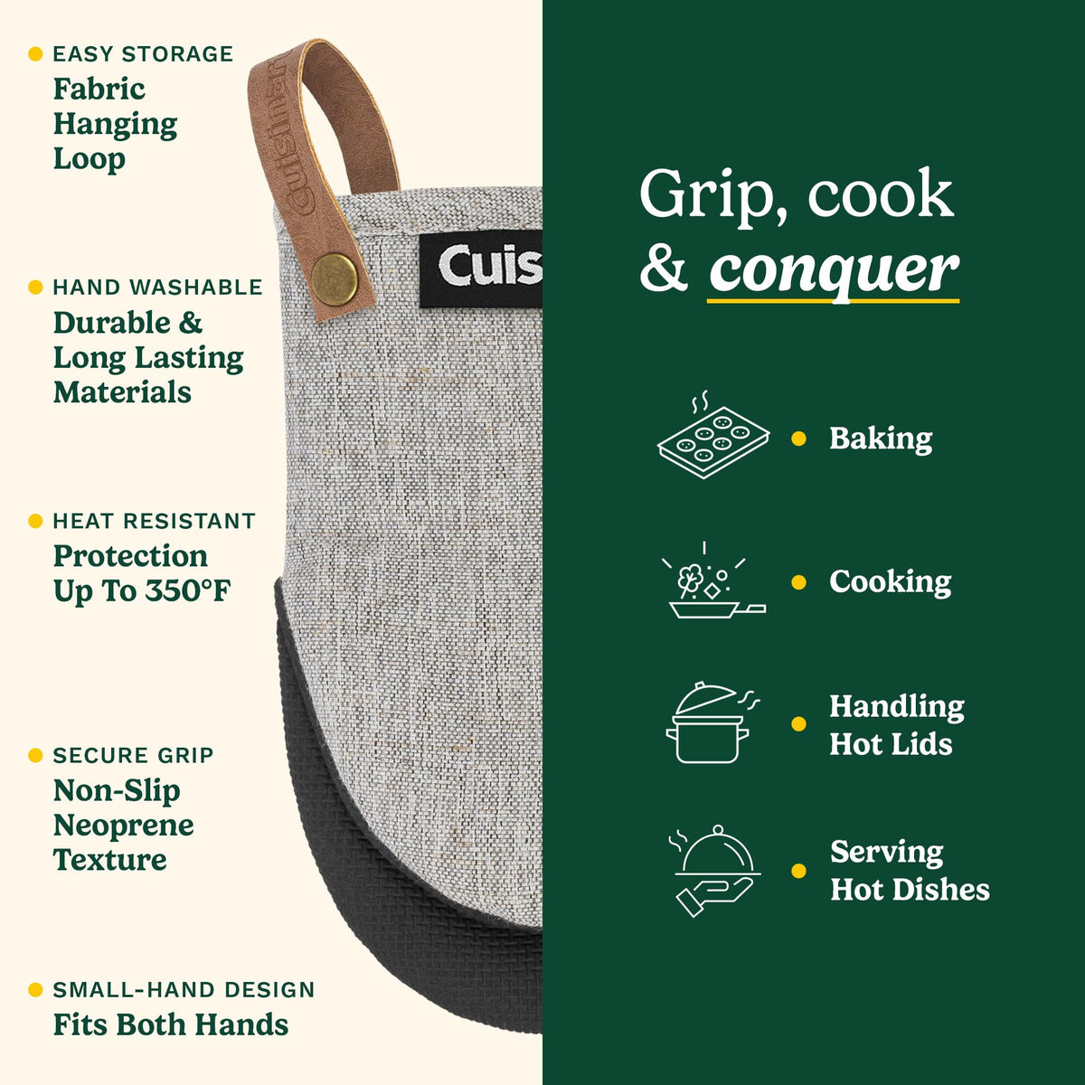 Best Brands Cuisinart Heritage mitts with faux leather loop for hanging