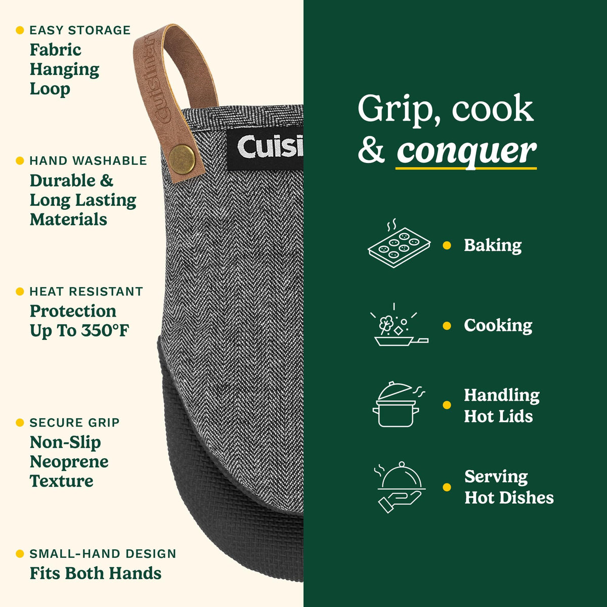 Cotton filling in Best Brands Cuisinart Heritage Mini Oven Mitts for soft cushioning.