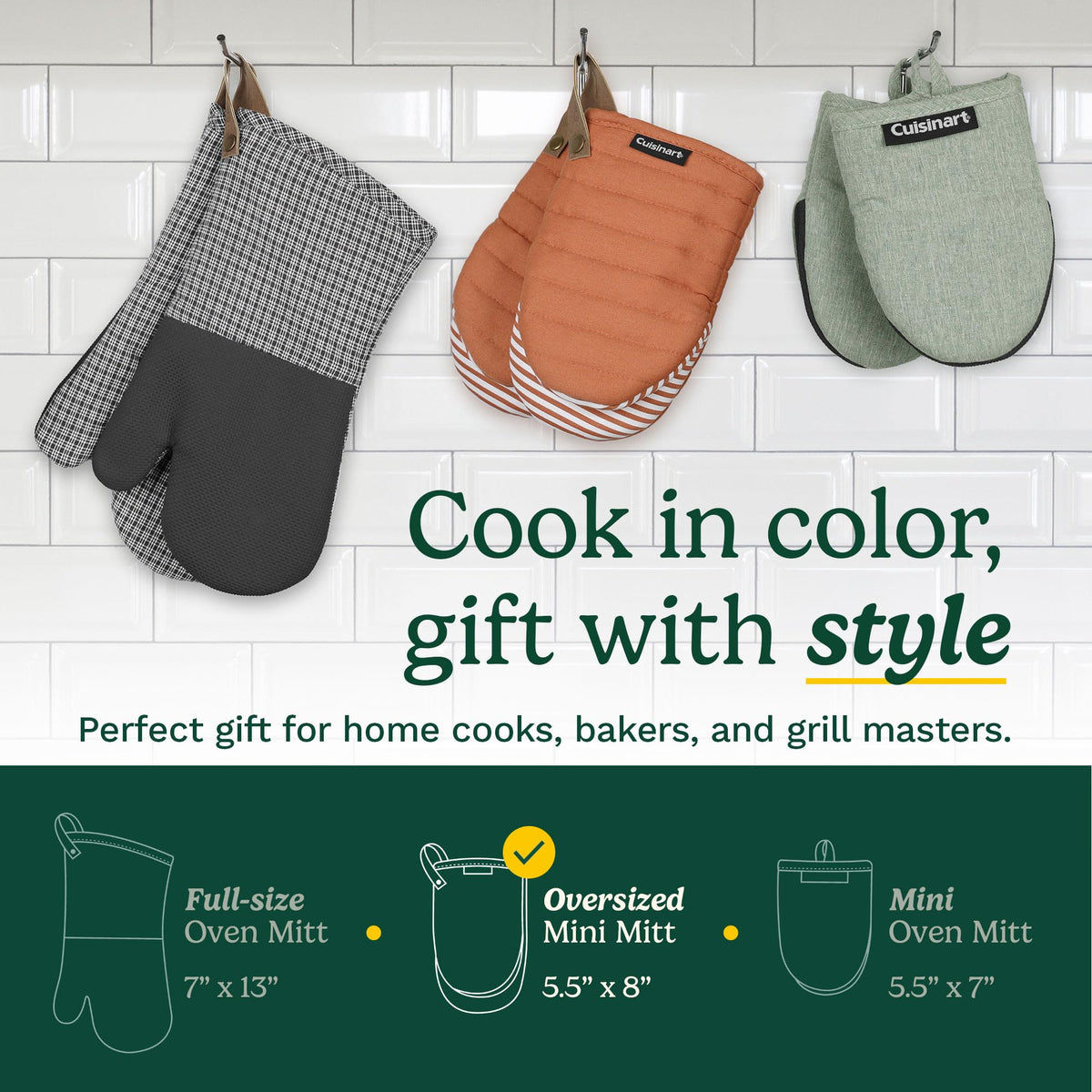 Best Brands Cuisinart mini oven mitts come in colors to match kitchen decor.