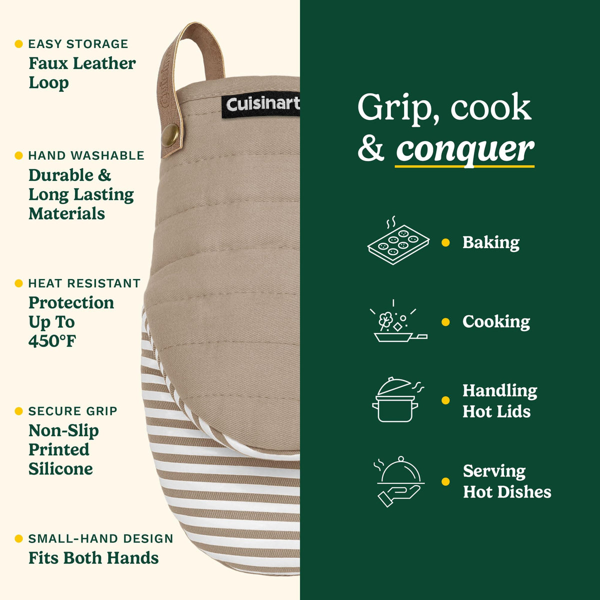 Faux leather loop on Best Brands Cuisinart mitts for easy hanging and storage.