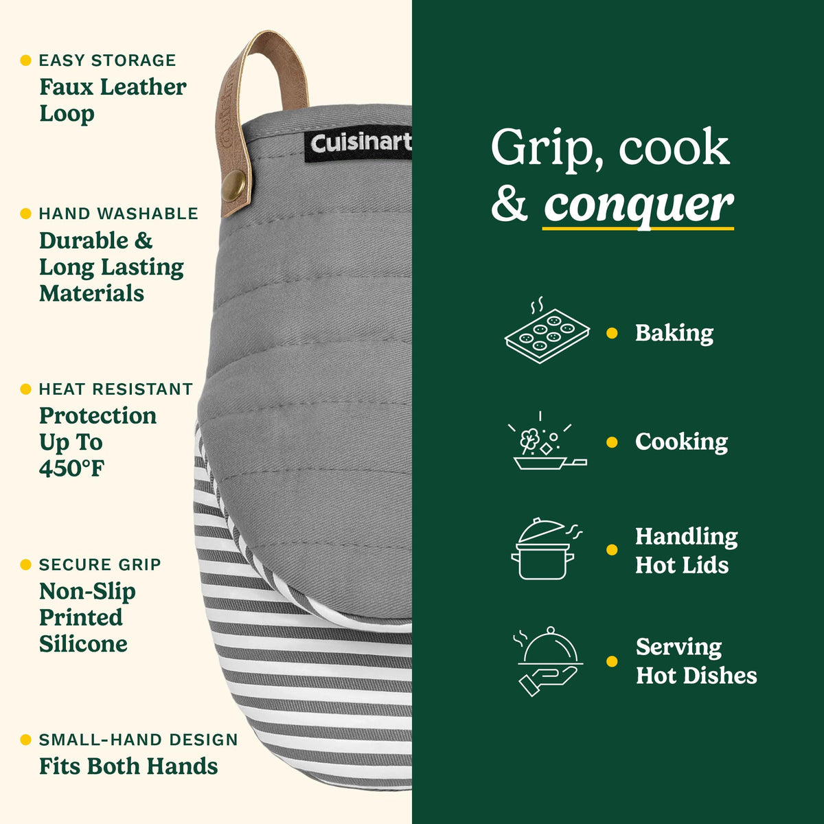 Best Brands Cuisinart mini oven mitts include a faux leather loop for hanging storage.