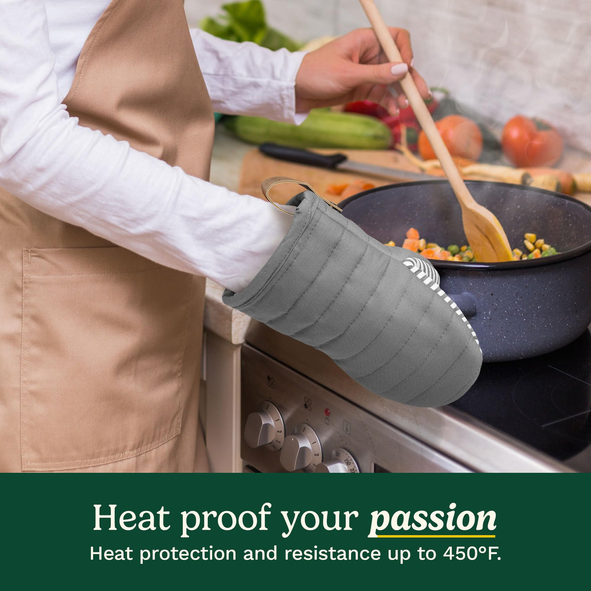 Best Brands Cuisinart mini oven mitts protect up to 450 degrees Fahrenheit.
