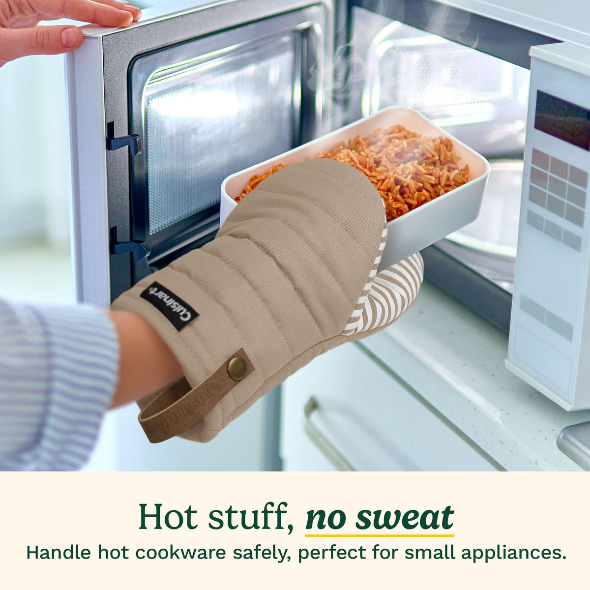Best Brands Cuisinart Mini Oven Mitts feature non-slip silicone for stable handling of hot pots.