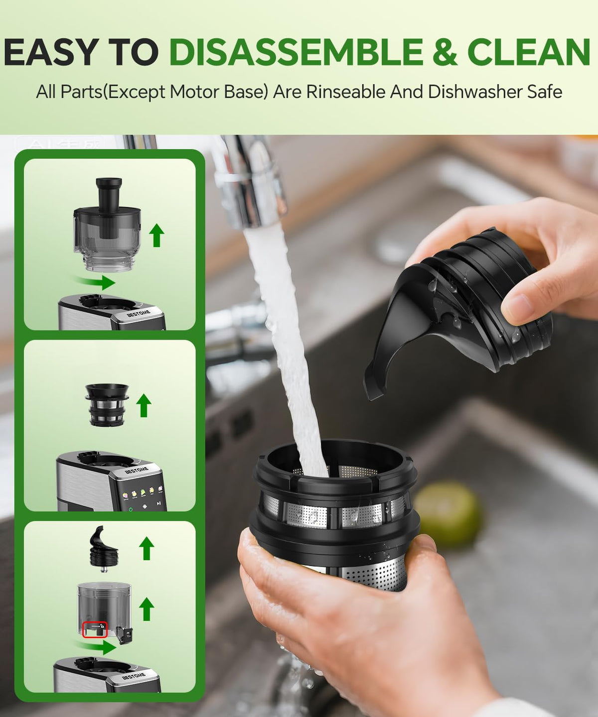 Bestome anti‑drip spout keeps the counter dry after juicing.