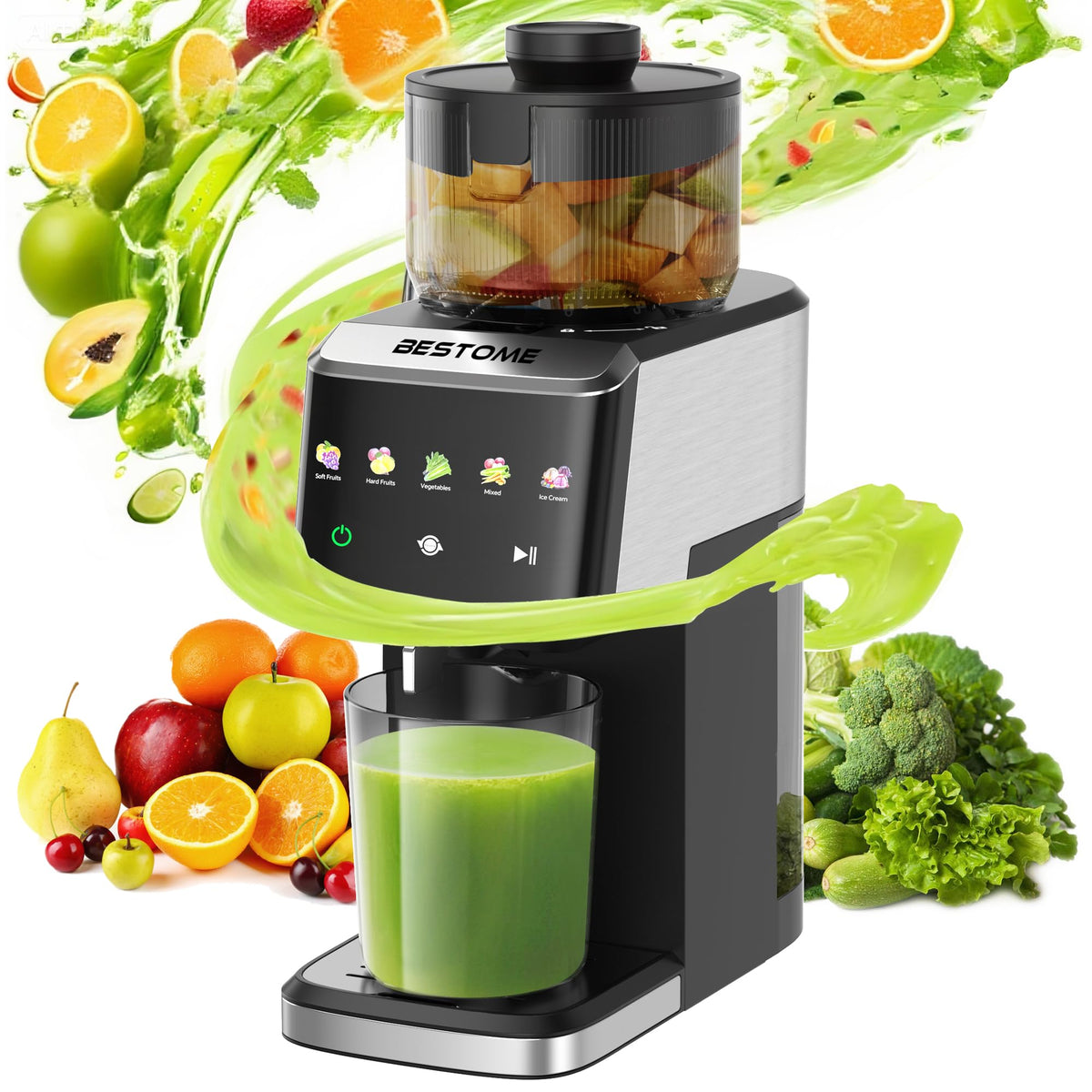 Bestome cold press juicer with wide feed chute for whole fruits.