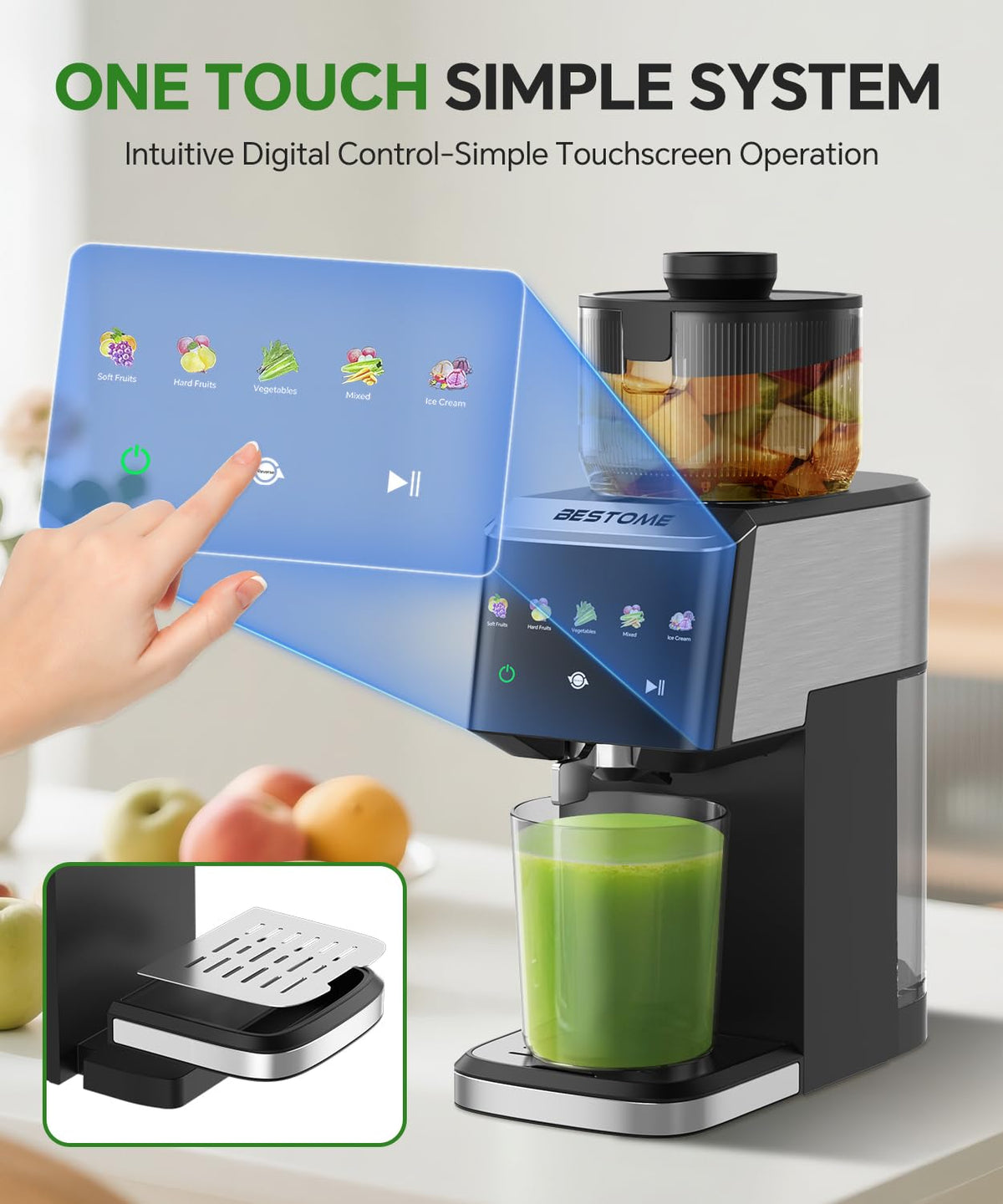Bestome juicer demonstrates separation of juice from pomace for clean juice.