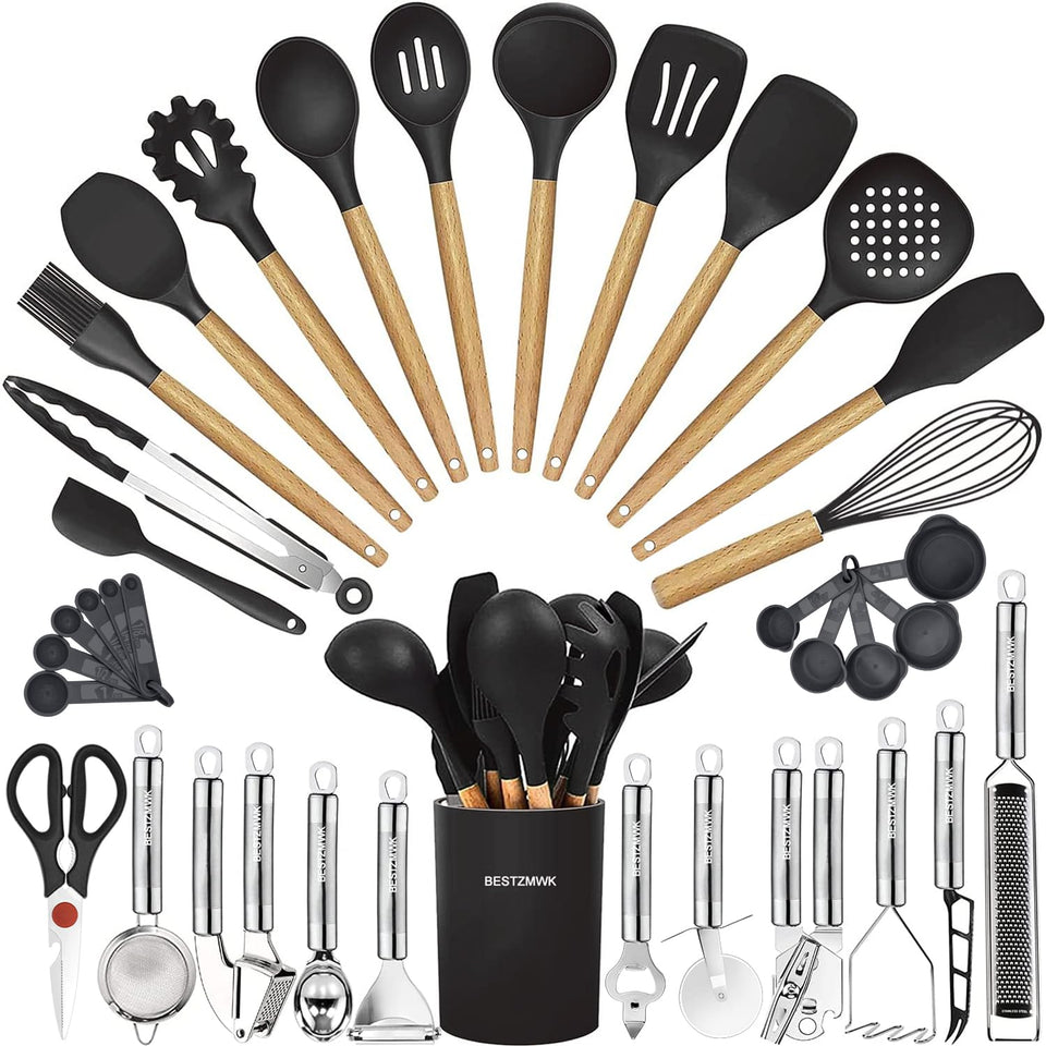 Bestzmwk 35-piece cooking utensils set with wooden handles and silicone heads for nonstick cookware protection.