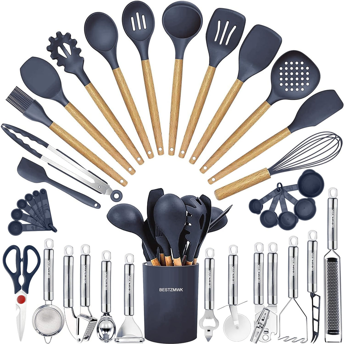 BESTZMWK 35-piece utensil set packaging shown for organized storage and easy cooking