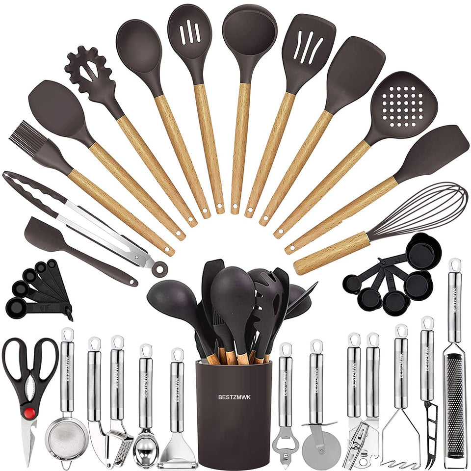 BESTZMWK cooking utensils set 35pcs displayed for easy meal prep.