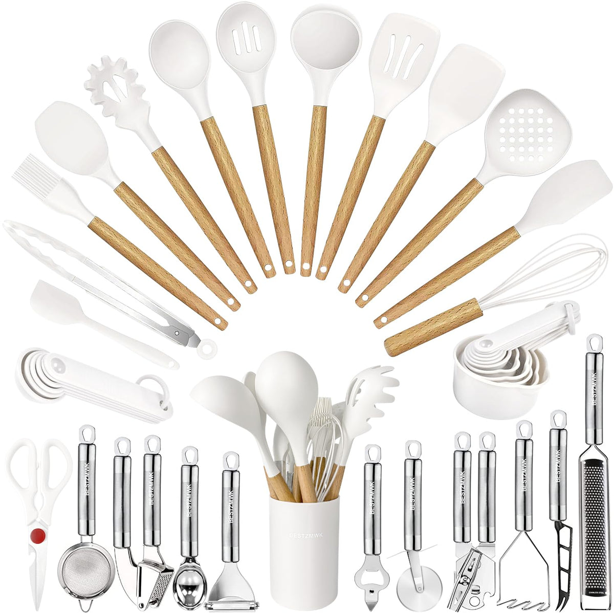 BESTZMWK cooking utensils with wooden handles for a comfortable, heat-safe grip.
