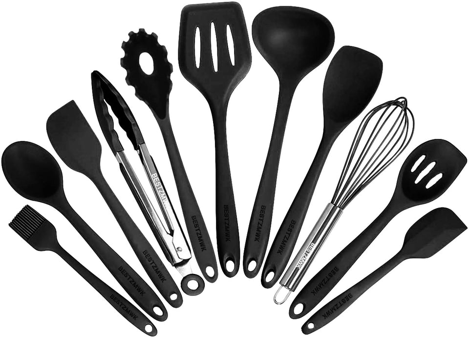 BESTZMWK kitchen utensil set with 11 colorful silicone tools for nonstick cookware