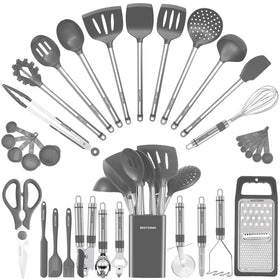 BESTZMWK kitchen utensil set full view, organized for nonstick compatibility